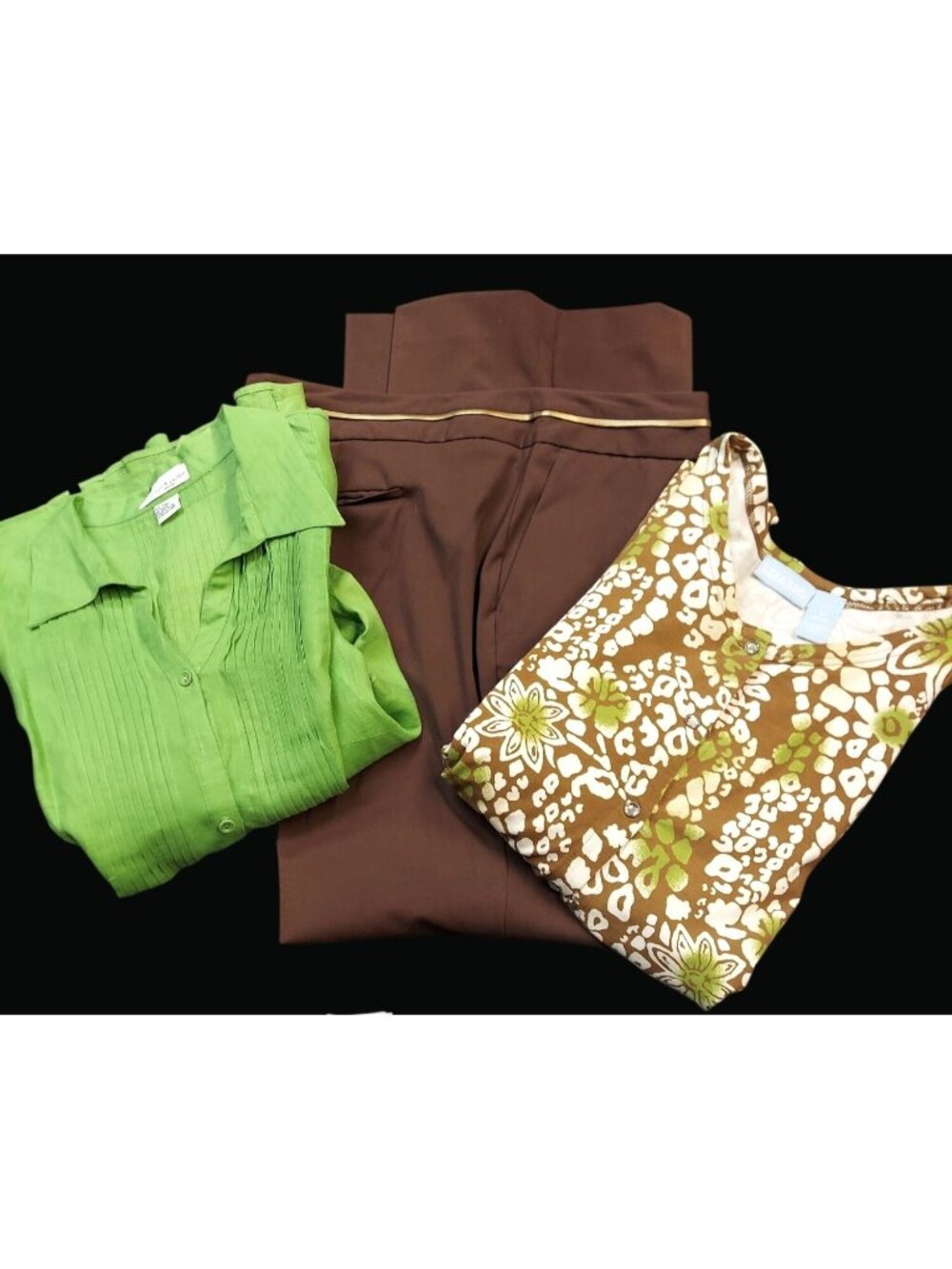 Women's 3X Clothing Bundle Business Casual Green and Brown Pants and Shirts Q01